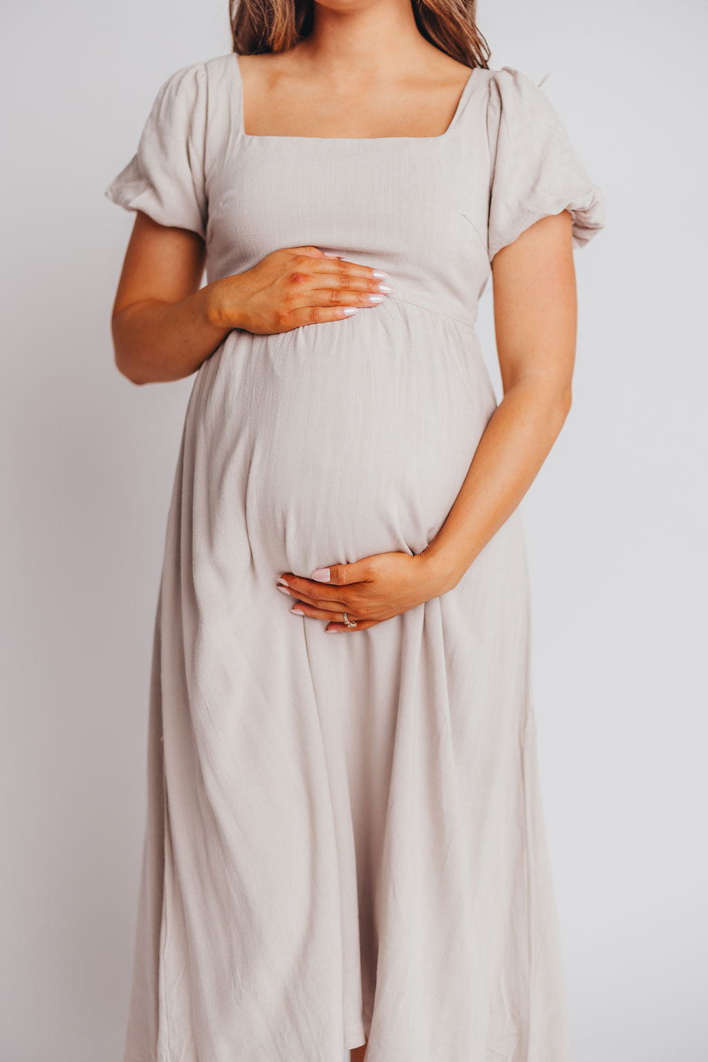Ainsley Square Neck Midi Dress with Puffed Sleeves in Oat - Bump Friendly