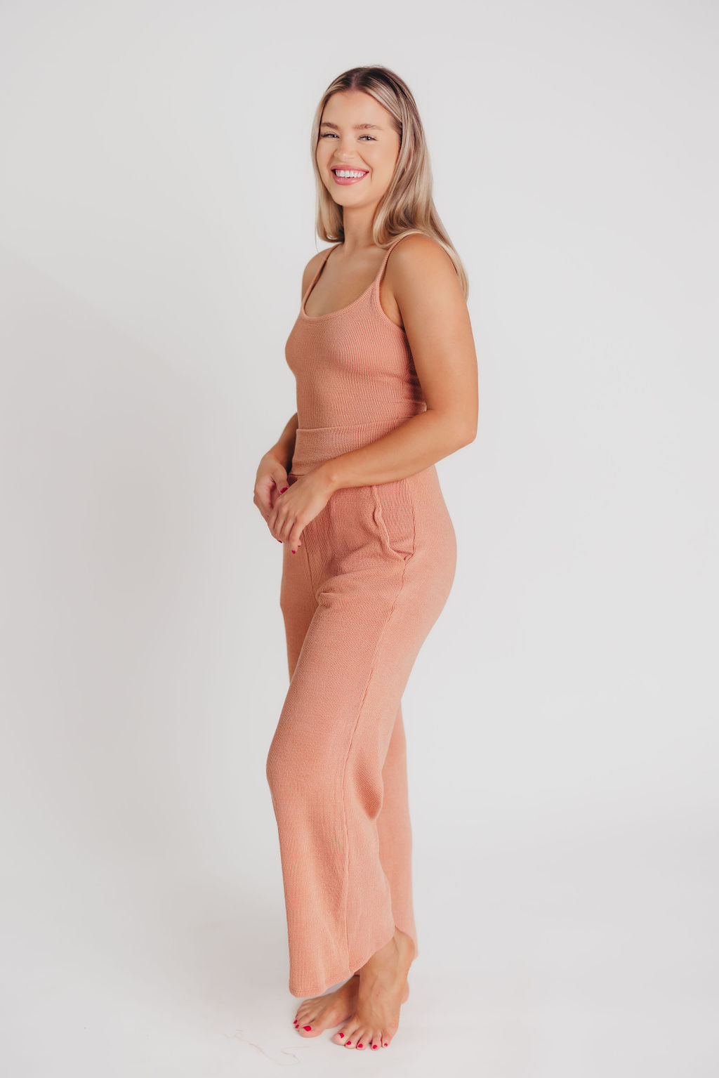 Birdie Ribbed Tank and Wide Leg Pant Set in Blush