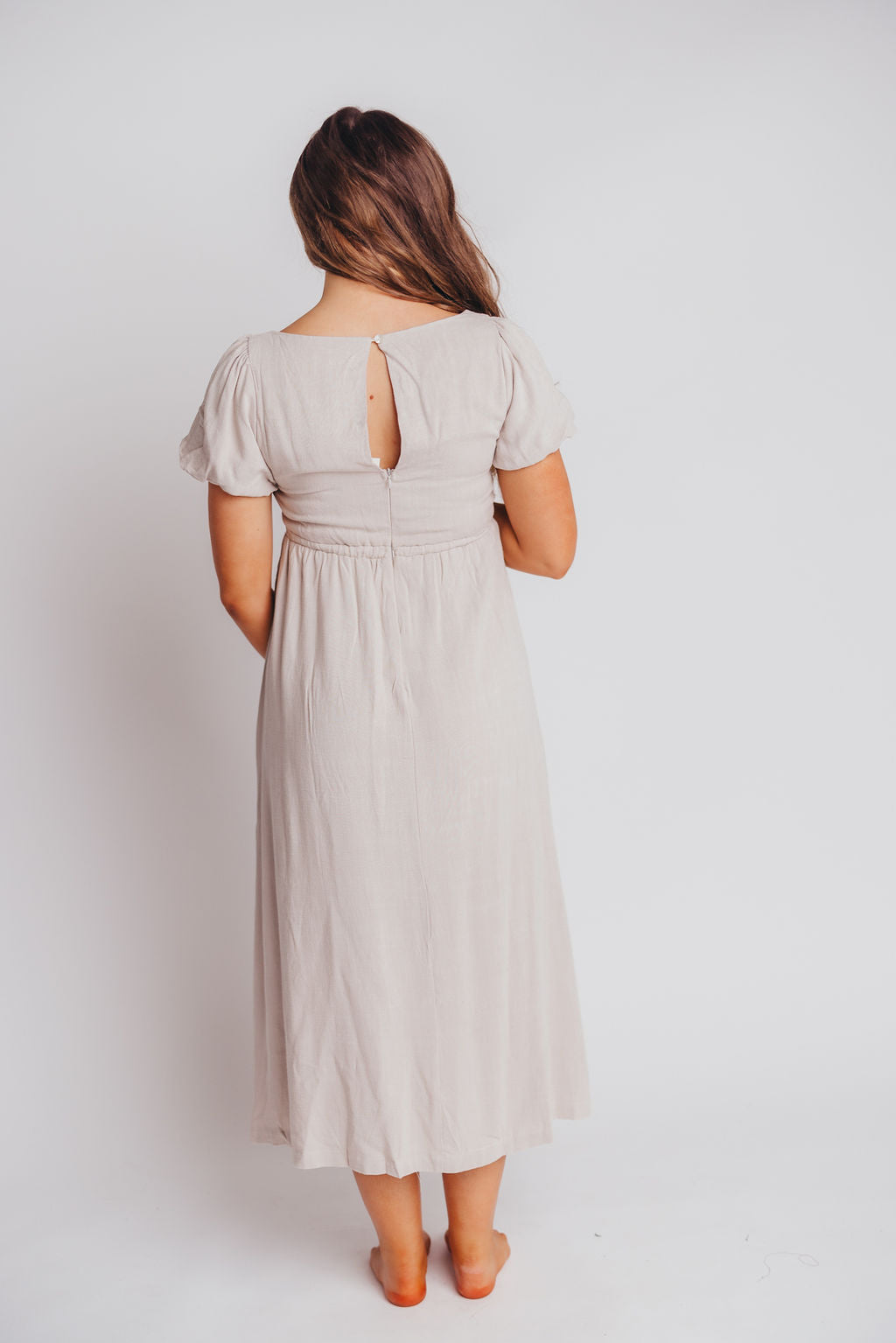 Ainsley Square Neck Midi Dress with Puffed Sleeves in Oat - Bump Friendly