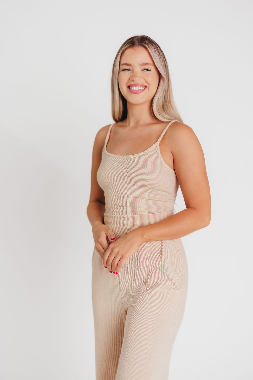 Birdie Ribbed Tank and Wide Leg Pant Set in Cream