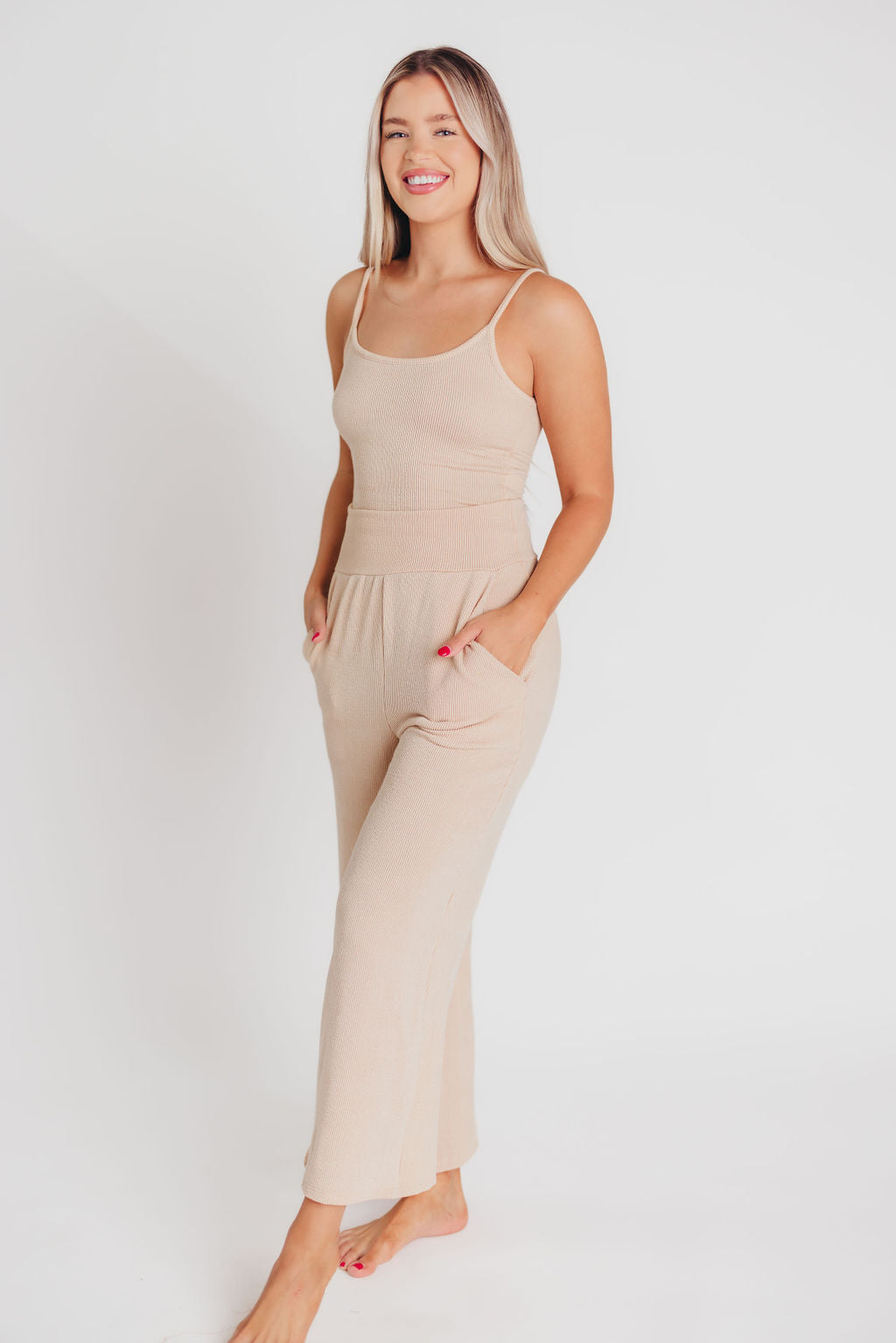 Birdie Ribbed Tank and Wide Leg Pant Set in Cream