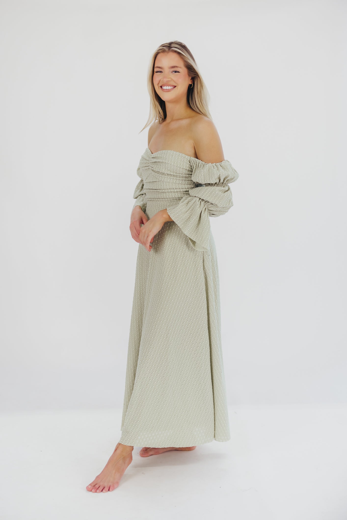 Corrine Tiered Sleeve Maxi Dress with Pockets in Light Olive Green 