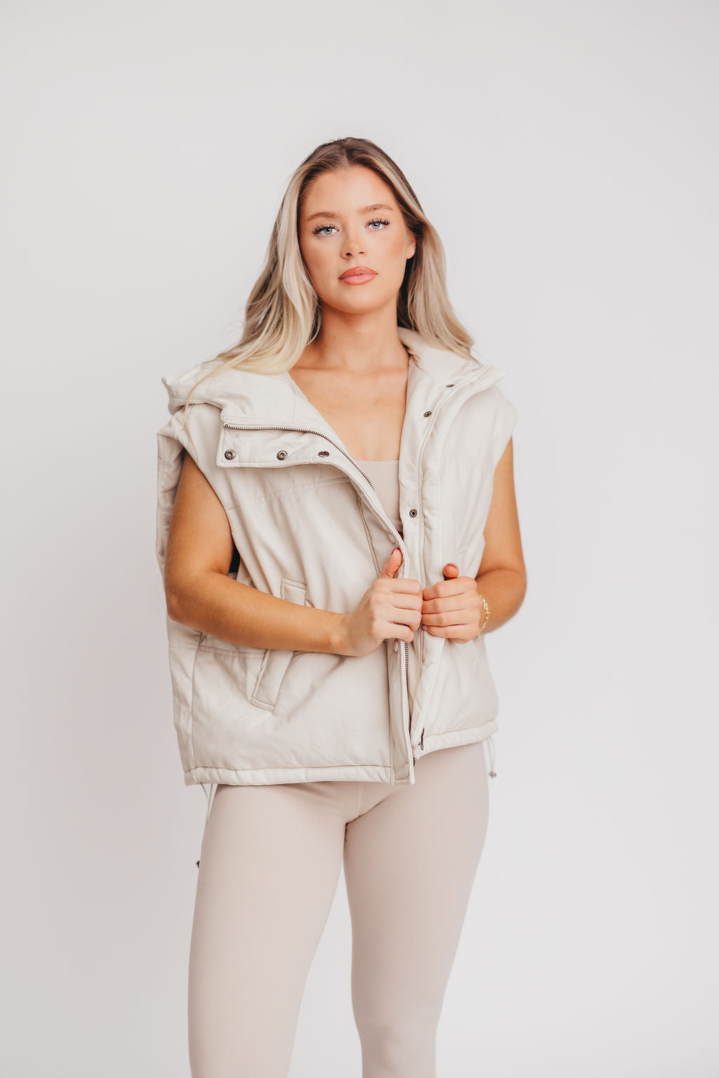Sebastian Pleather Vest with Hoodie in Cream