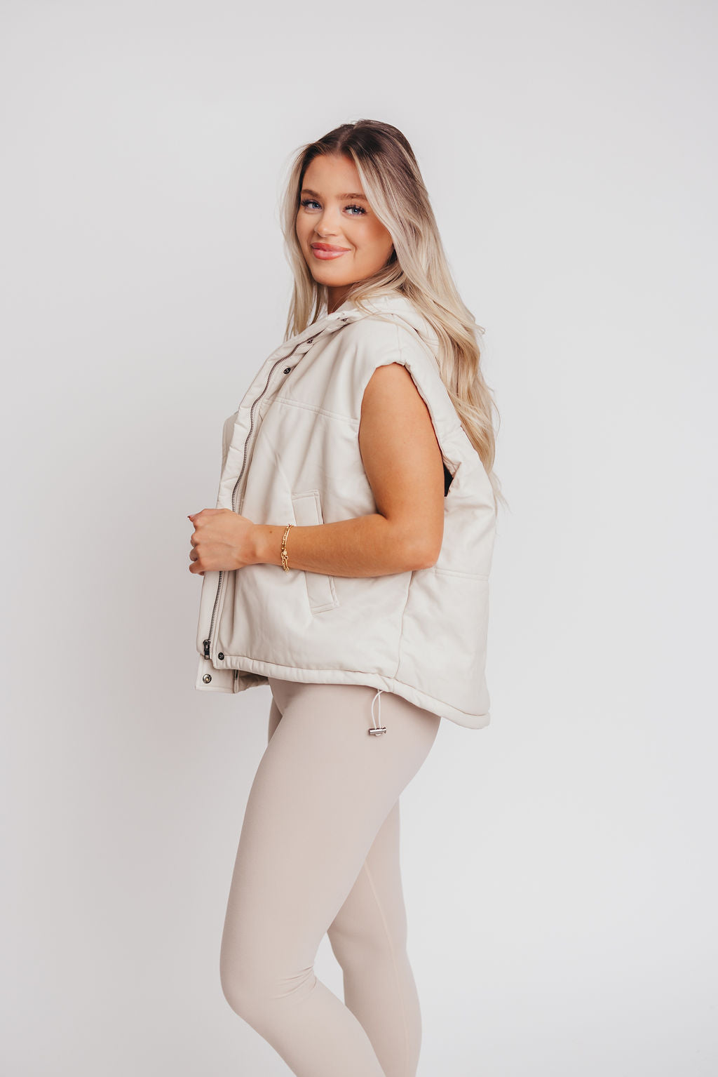 Sebastian Pleather Vest with Hoodie in Cream