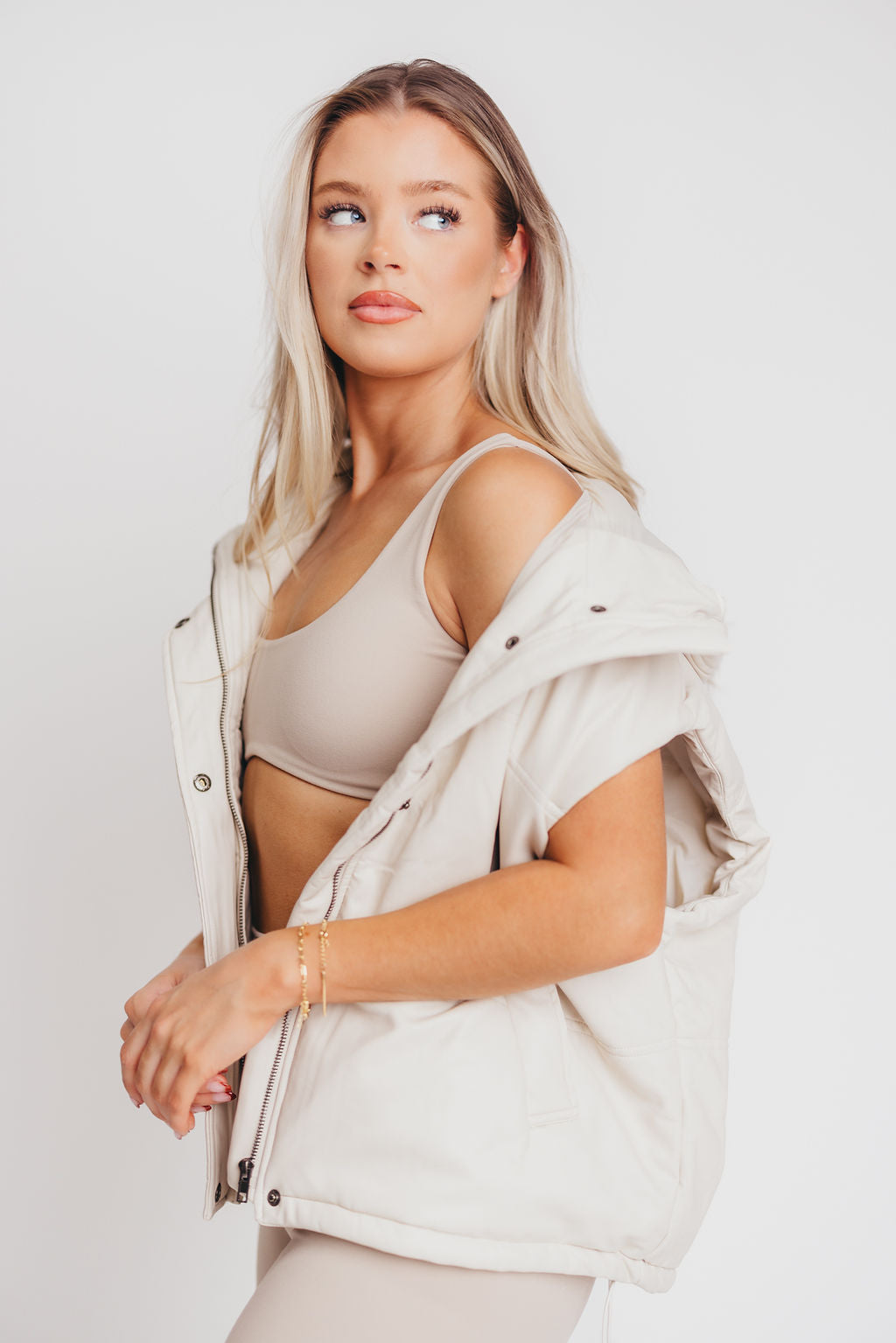 Sebastian Pleather Vest with Hoodie in Cream