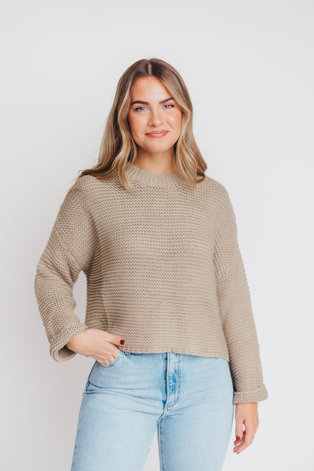 Round Neck Sweater Knitted Top in Grey Mocha