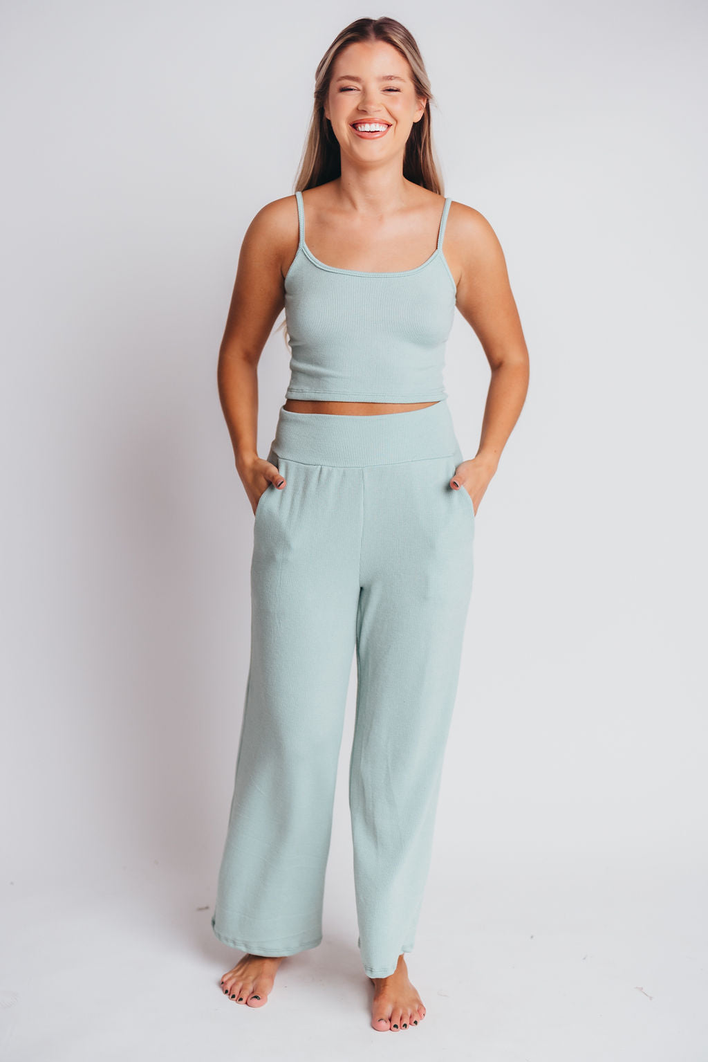 Birdie Ribbed Tank and Wide Leg Pant Set in Light Sage