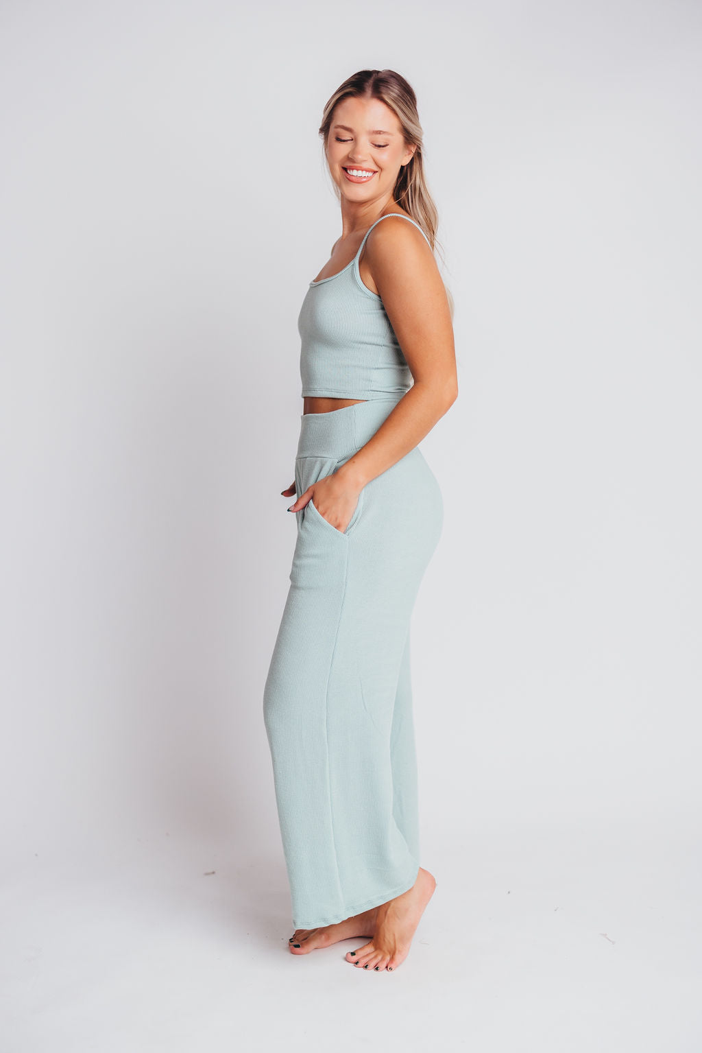 Birdie Ribbed Tank and Wide Leg Pant Set in Light Sage
