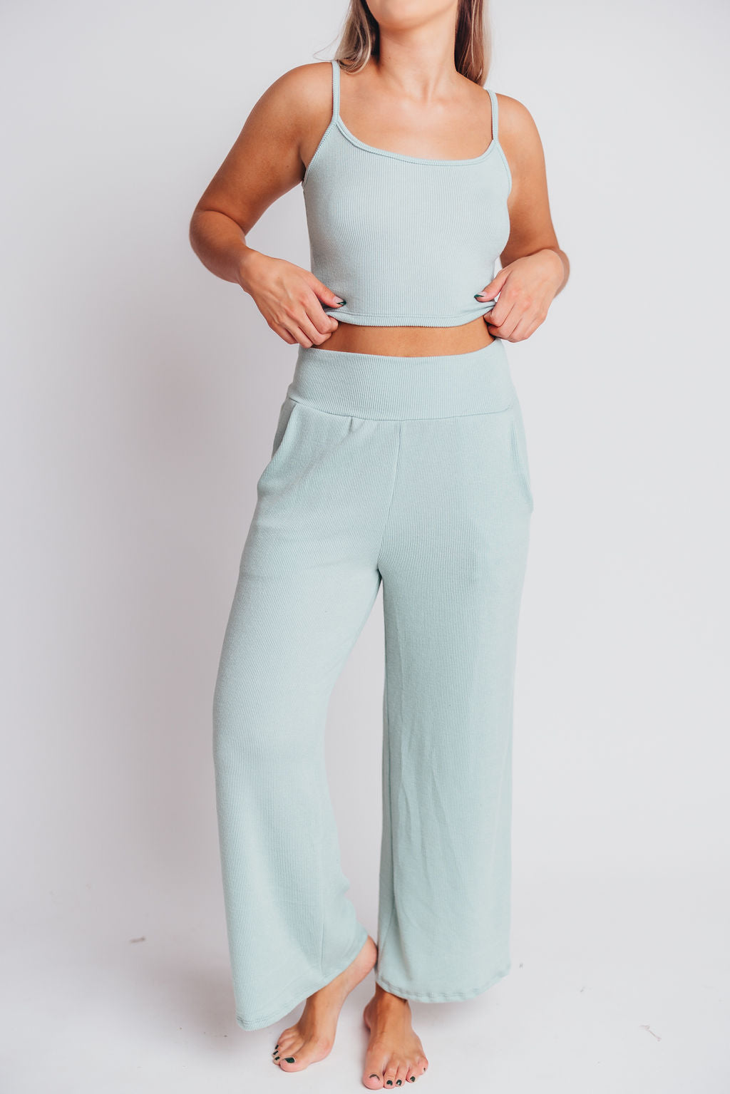 Birdie Ribbed Tank and Wide Leg Pant Set in Light Sage