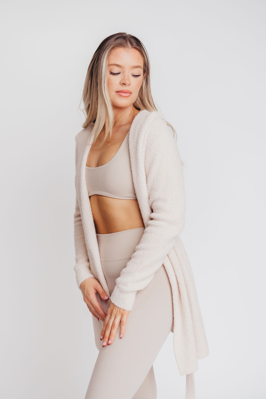 Talula Teddy Belted Cardigan with Hood in Petal