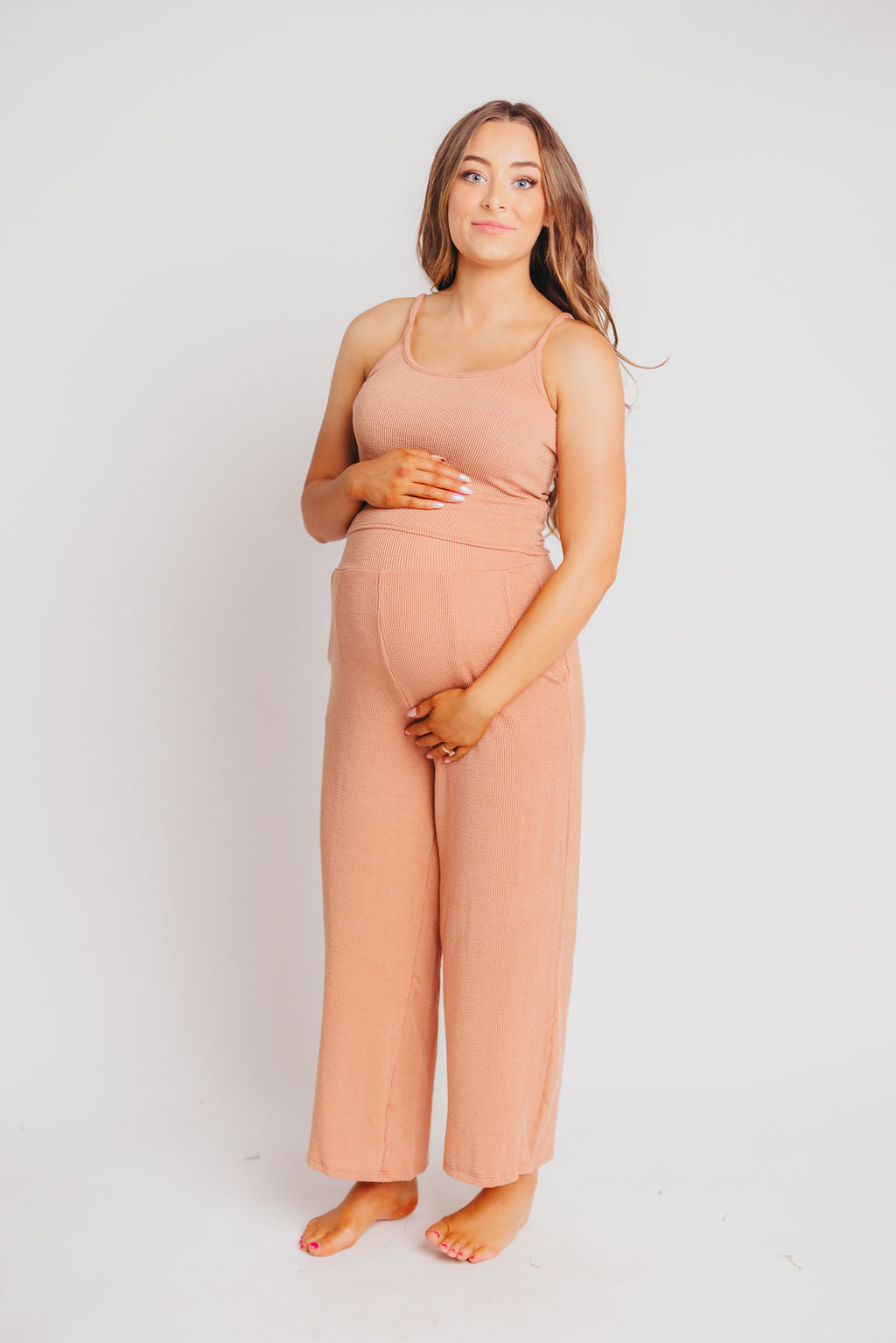 Birdie Ribbed Tank and Wide Leg Pant Set in Blush
