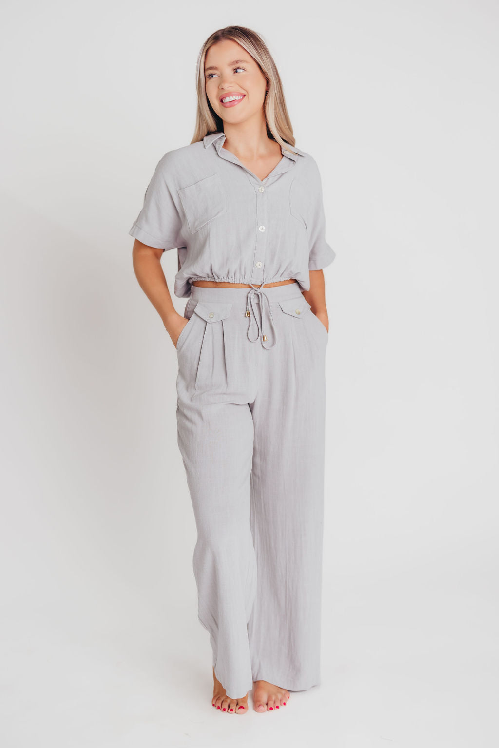 Erin Linen Blend Drawstring Shirt in Cool Sage