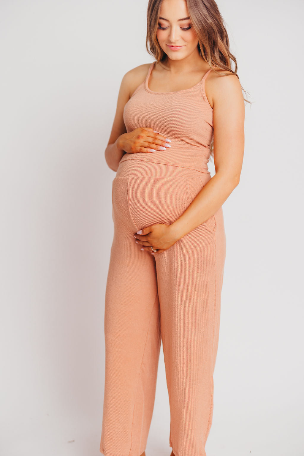 Birdie Ribbed Tank and Wide Leg Pant Set in Blush