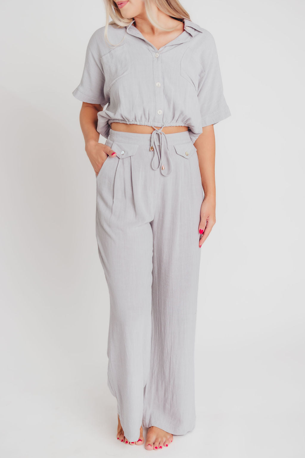 Erin Linen Blend Drawstring Shirt in Cool Sage