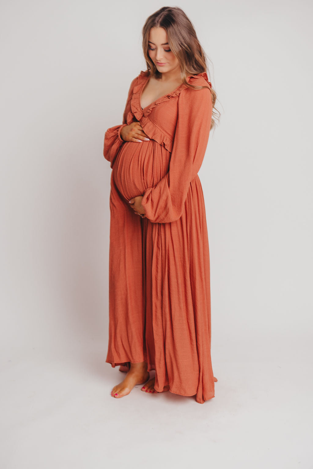 FINAL FEW! Let It Be Ruffled Maxi Dress with Plunging Neckline in Terracotta - Bump Friendly - INCLUSIVE SIZING S-2XL (Cannot Restock)