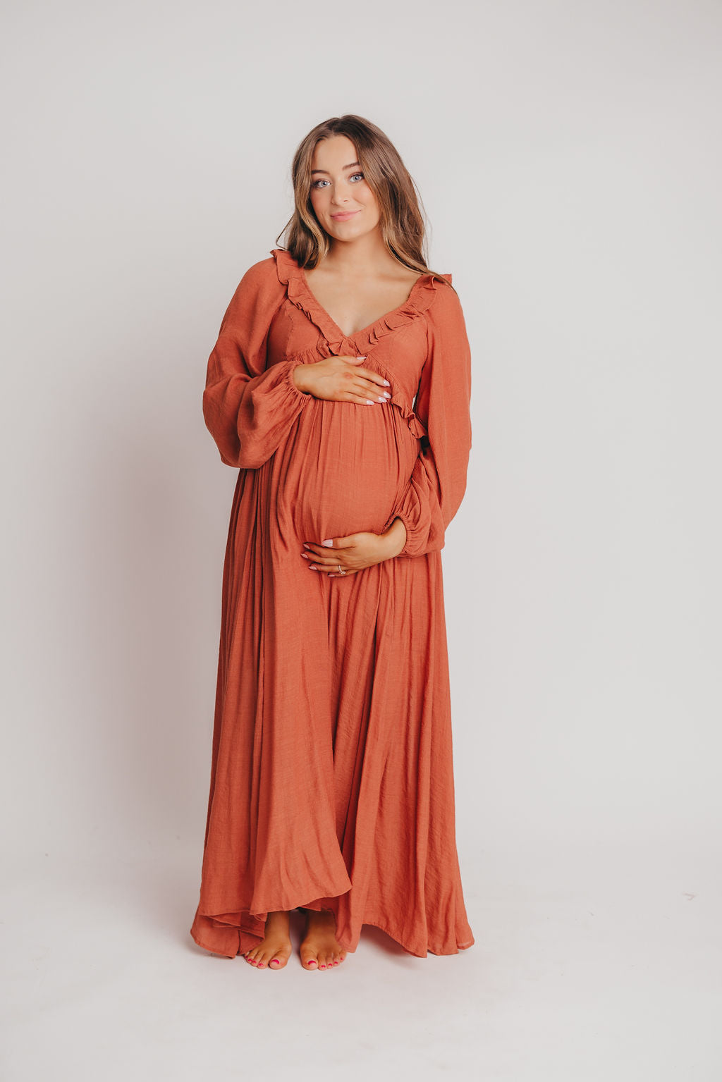 FINAL FEW! Let It Be Ruffled Maxi Dress with Plunging Neckline in Terracotta - Bump Friendly - INCLUSIVE SIZING S-2XL (Cannot Restock)