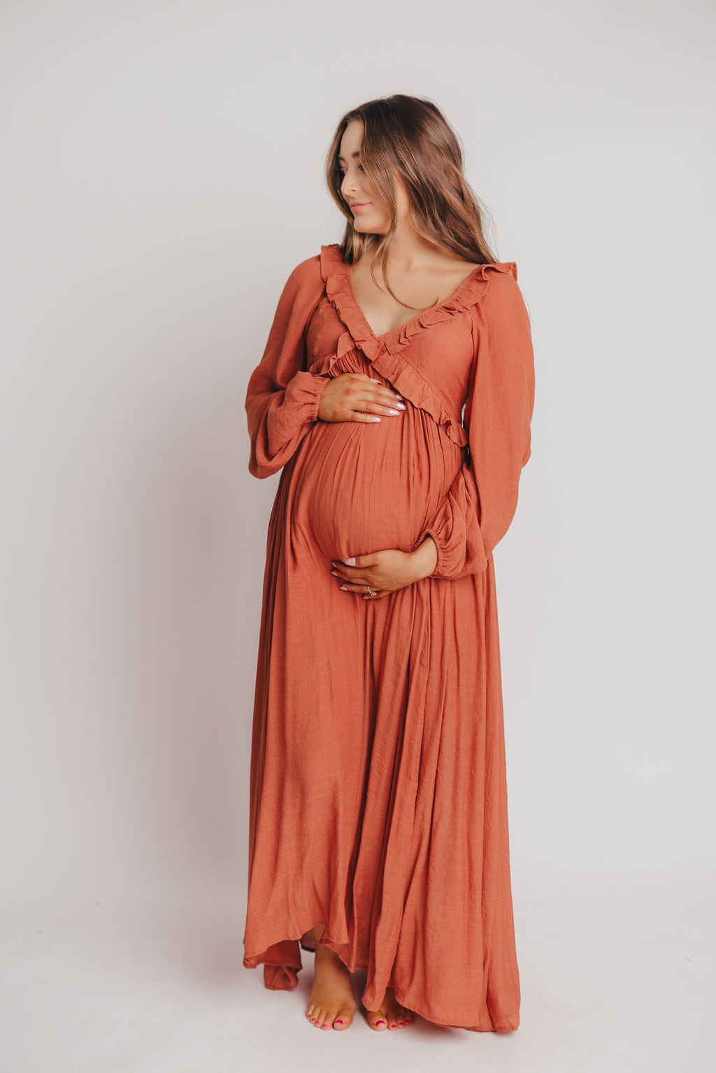 FINAL FEW! Let It Be Ruffled Maxi Dress with Plunging Neckline in Terracotta - Bump Friendly - INCLUSIVE SIZING S-2XL (Cannot Restock)