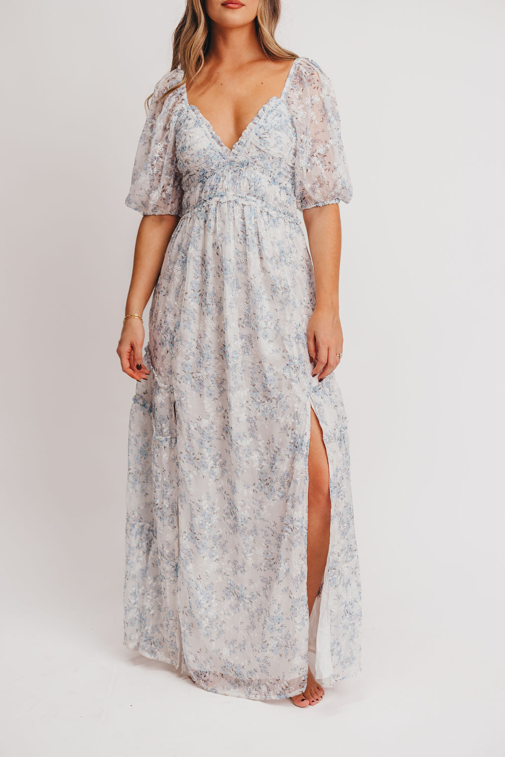 Daphne High Slit Eyelet Detail Maxi Dress in Blue and White Floral - Bump Friendly ✨SALE DRESS OF THE WEEK $20 OFF✨ Inclusive Sizing (S-3XL)
