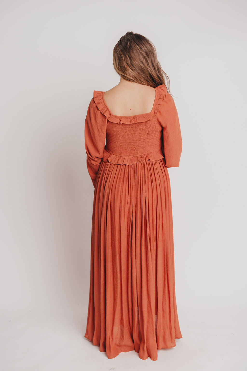 FINAL FEW! Let It Be Ruffled Maxi Dress with Plunging Neckline in Terracotta - Bump Friendly - INCLUSIVE SIZING S-2XL (Cannot Restock)