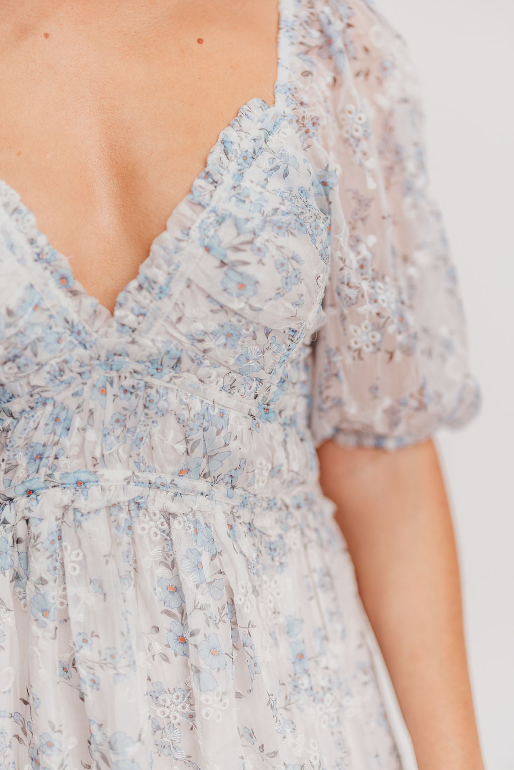 Daphne High Slit Eyelet Detail Maxi Dress in Blue and White Floral - Bump Friendly ✨SALE DRESS OF THE WEEK $20 OFF✨ Inclusive Sizing (S-3XL)