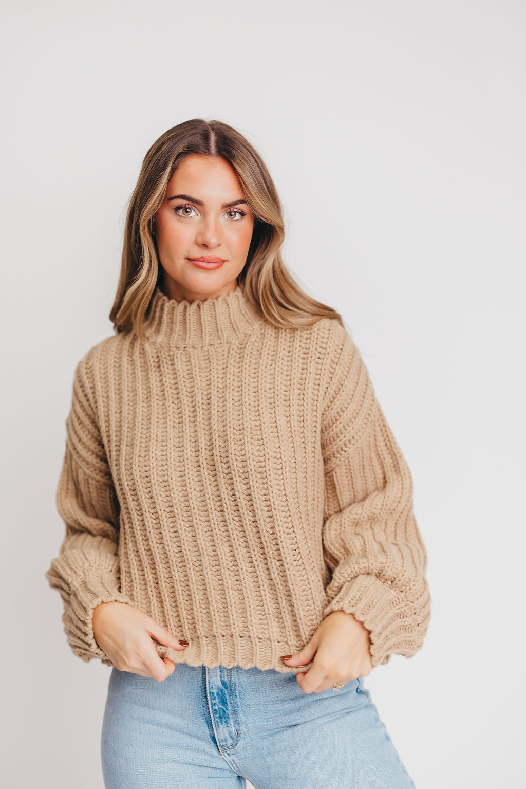 Cozy in Love Chunky Ribbed Knit Mock-Neck Sweater in Taupe