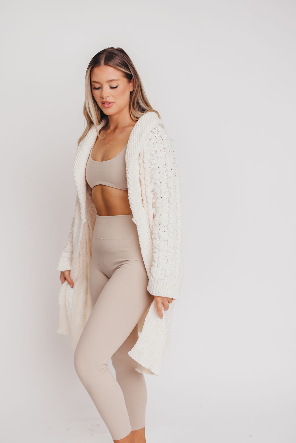Presley Open Front Cable Knit Cardigan in Powder Cream