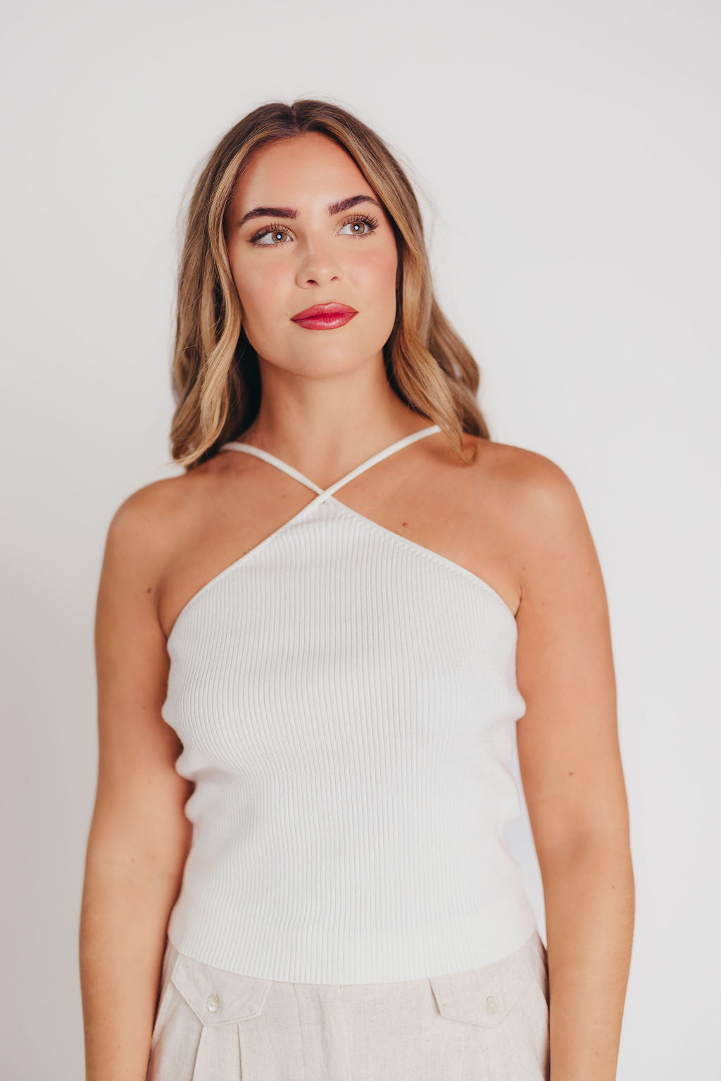 Daisy Ribbed Spaghetti Halter Tank in White