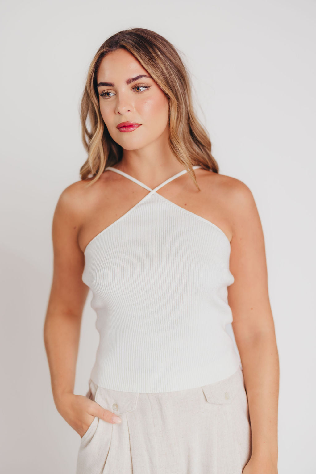 Daisy Ribbed Spaghetti Halter Tank in White