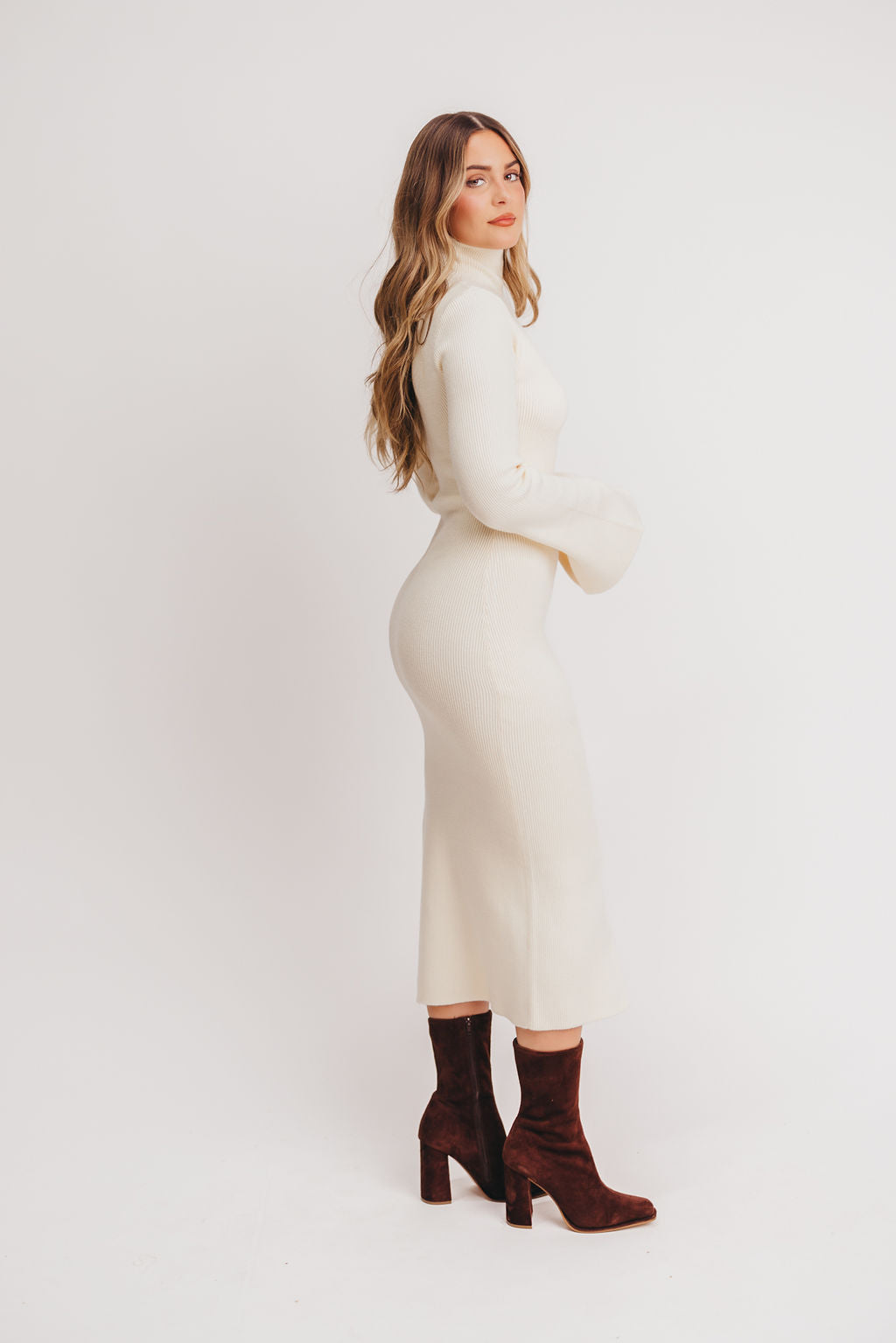 Hayden Mock Neck Ribbed Maxi Dress in Cream