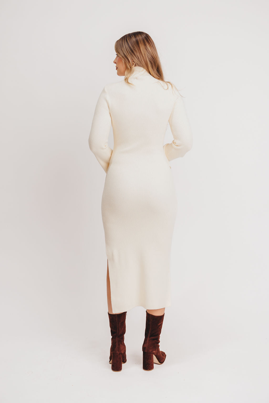 Hayden Mock Neck Ribbed Maxi Dress in Cream