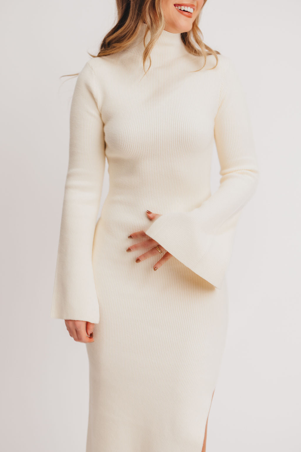 Hayden Mock Neck Ribbed Maxi Dress in Cream