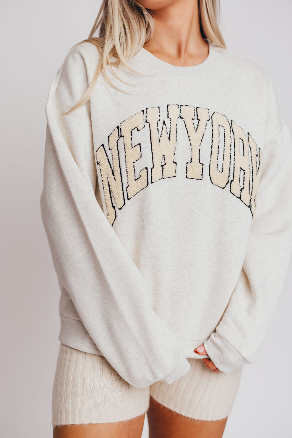 New York Boucle Letter Patch Sweatshirt in Melange Grey