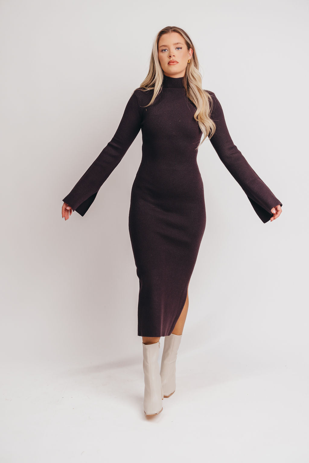 Hayden Mock Neck Ribbed Maxi Dress in Plum
