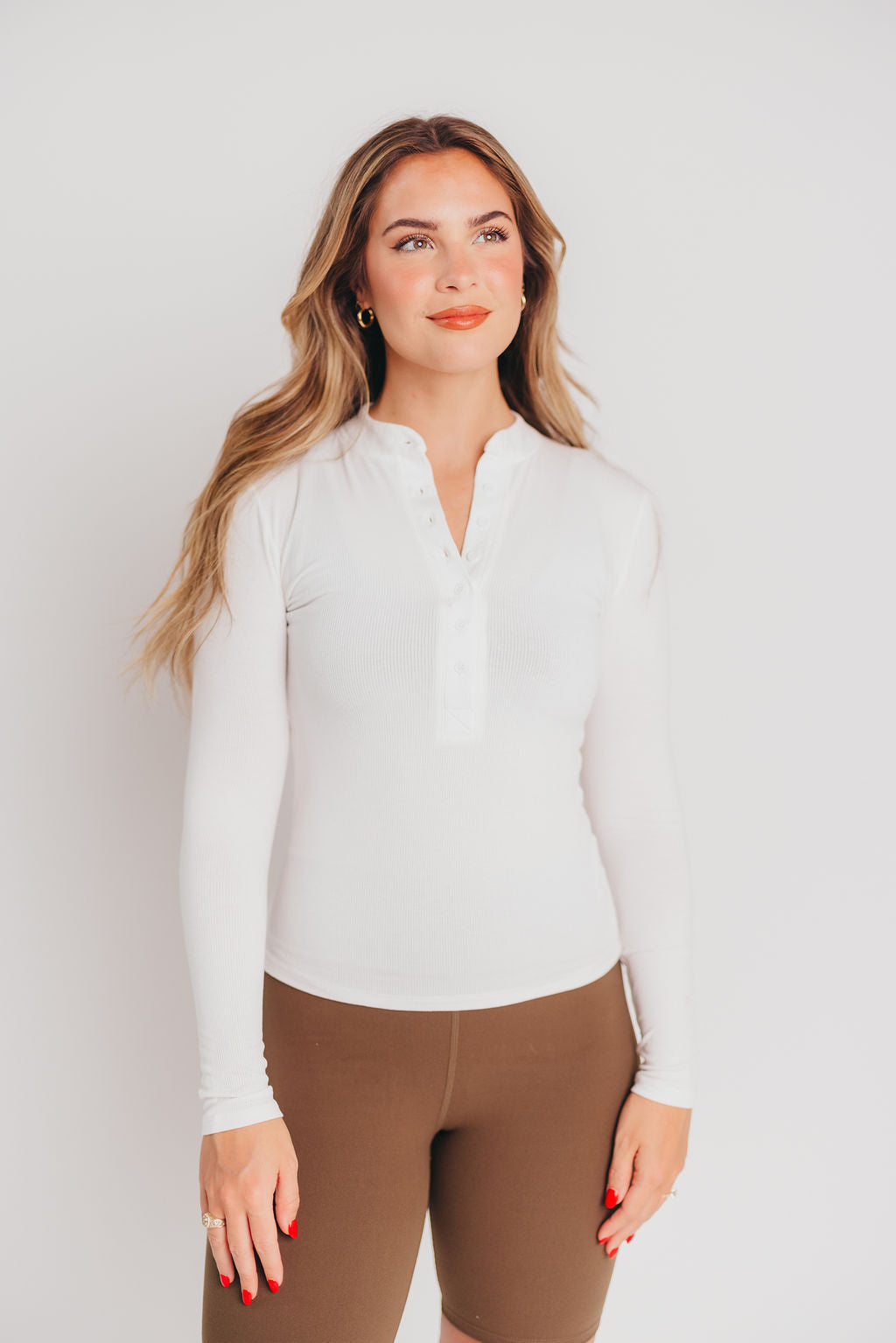Worth the Label Button-Front Henley Top in White
