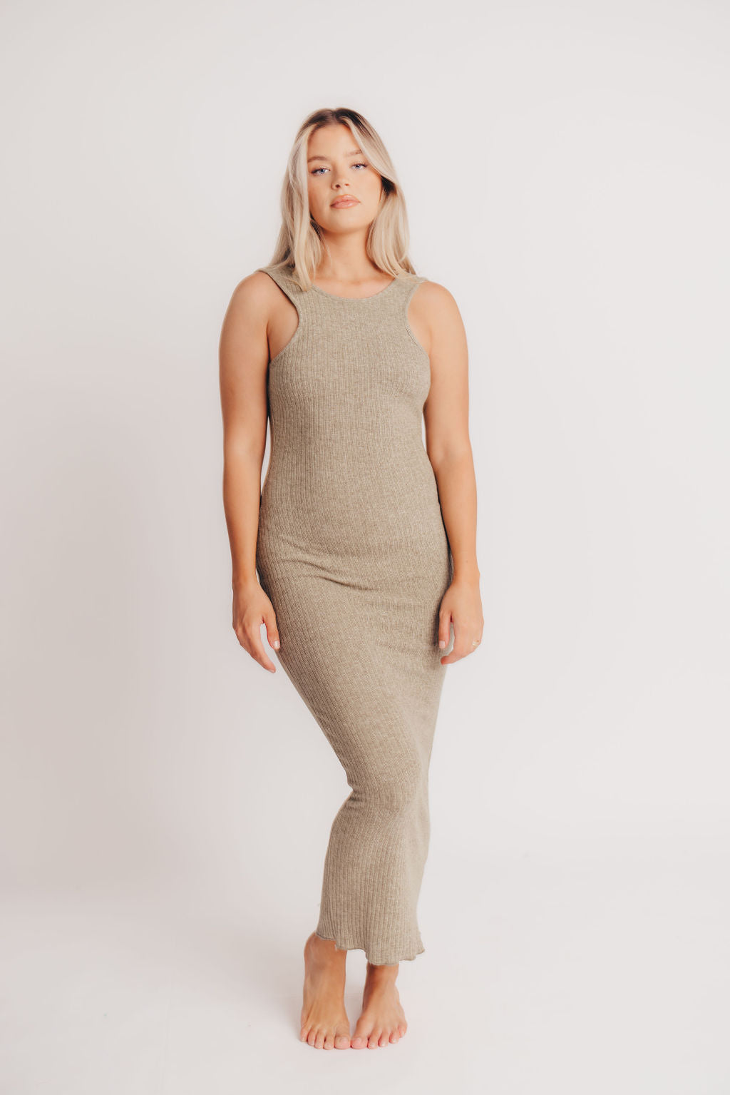 Bruges Crewneck Open Back Midi Dress in Leaf