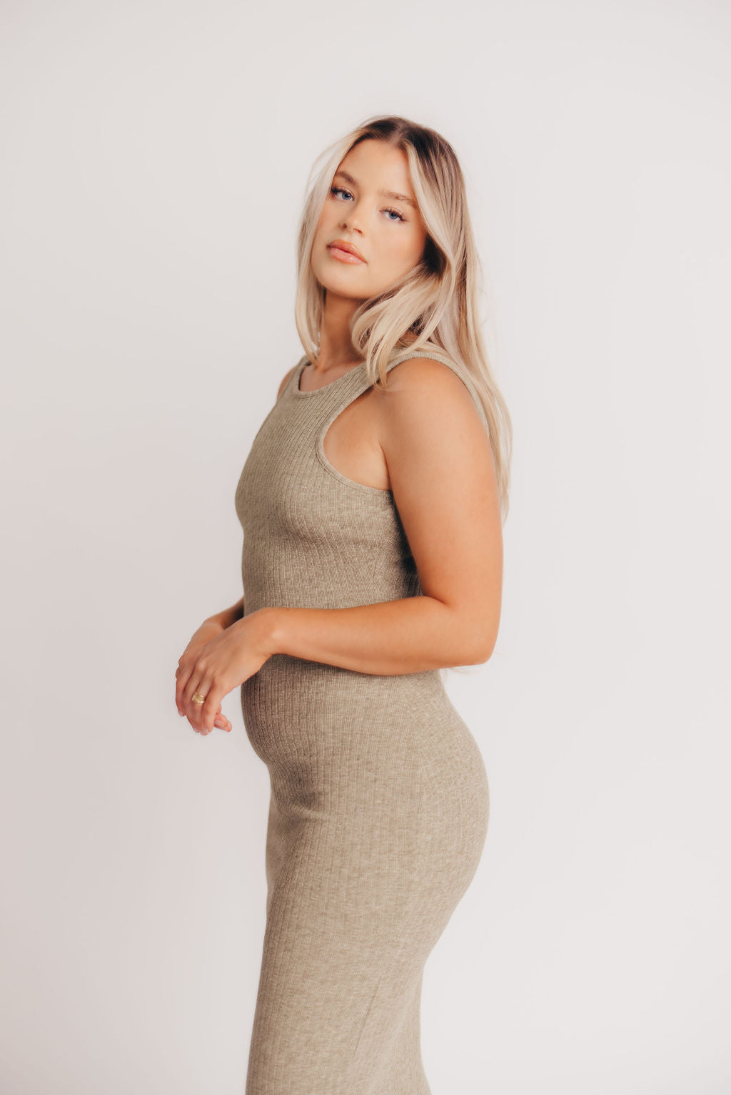 Bruges Crewneck Open Back Midi Dress in Leaf