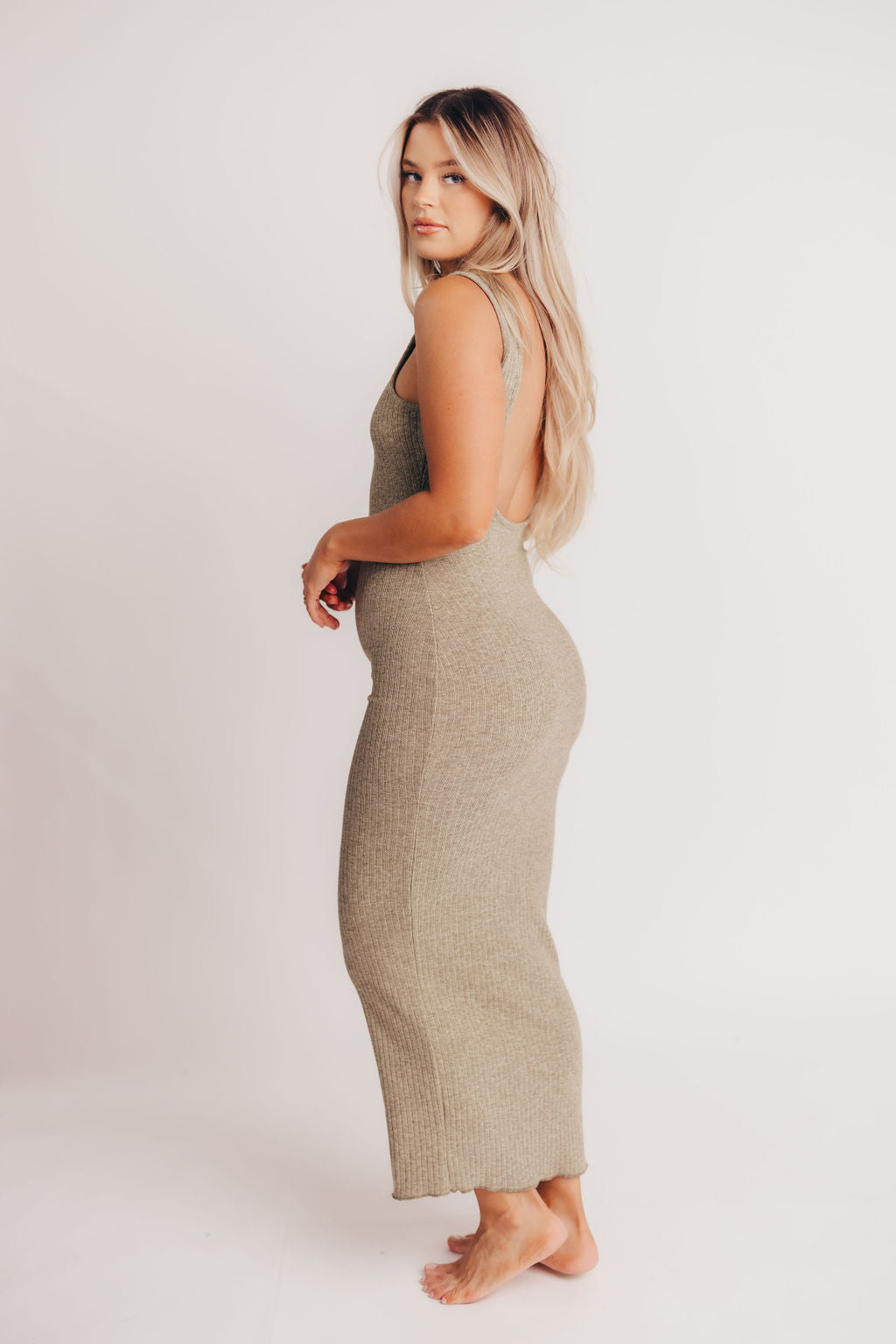 Bruges Crewneck Open Back Midi Dress in Leaf