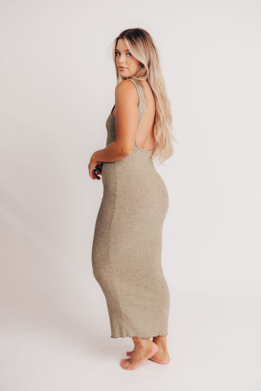 Bruges Crewneck Open Back Midi Dress in Leaf
