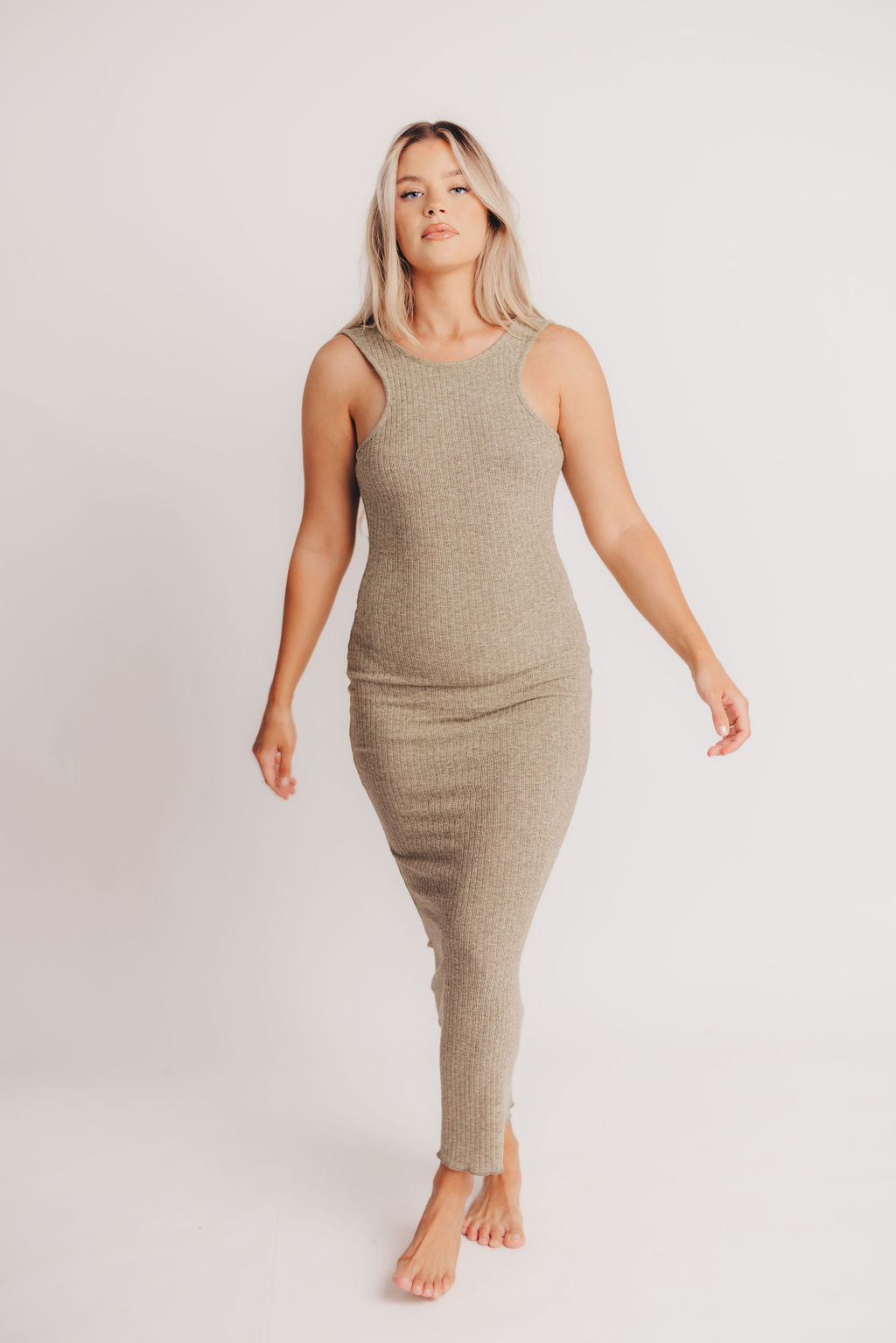 Bruges Crewneck Open Back Midi Dress in Leaf