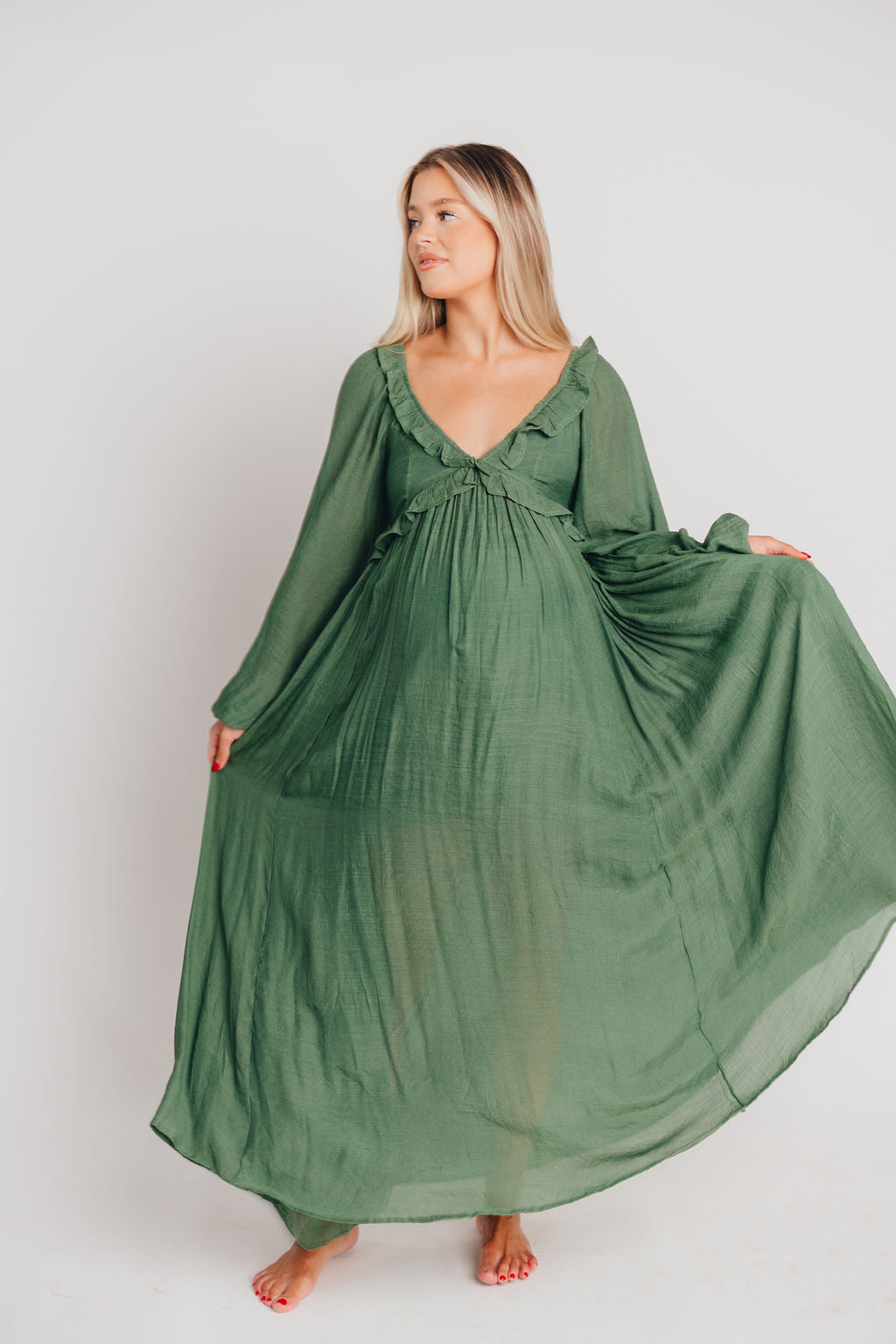 Let It Be Ruffled Maxi Dress with Plunging Neckline in Evergreen - Bump Friendly Low Stock (Cannot Restock)
