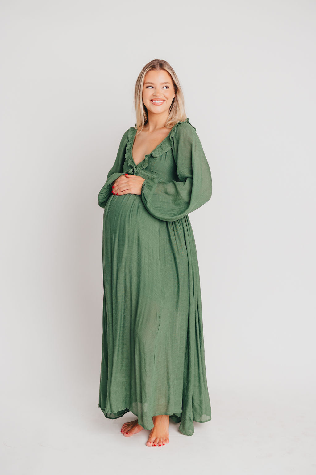 Let It Be Ruffled Maxi Dress with Plunging Neckline in Evergreen - Bump Friendly Low Stock (Cannot Restock)
