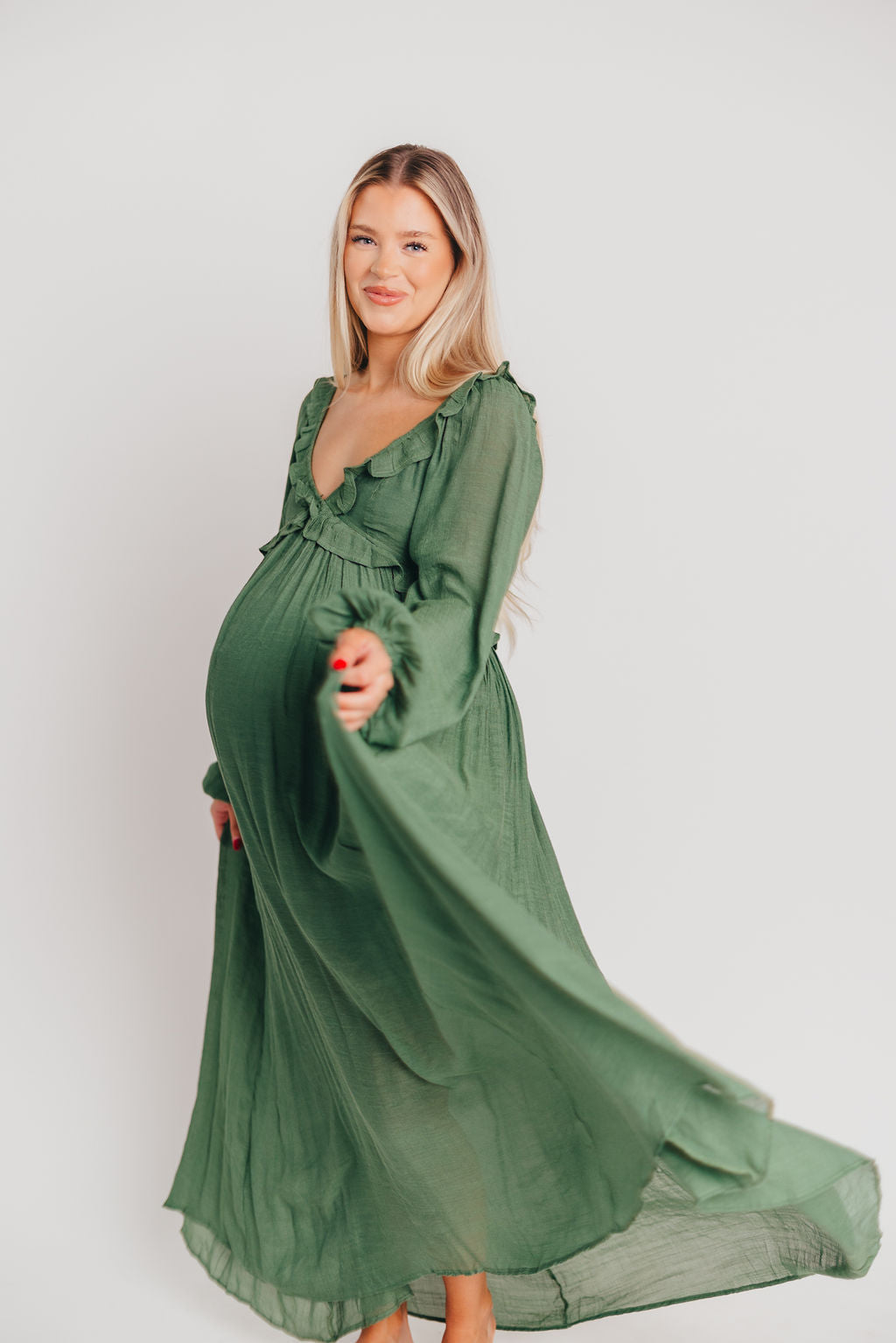 Let It Be Ruffled Maxi Dress with Plunging Neckline in Evergreen - Bump Friendly Low Stock (Cannot Restock)