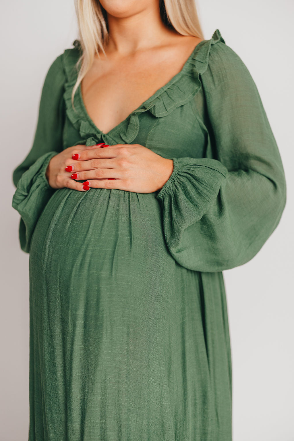Let It Be Ruffled Maxi Dress with Plunging Neckline in Evergreen - Bump Friendly Low Stock (Cannot Restock)