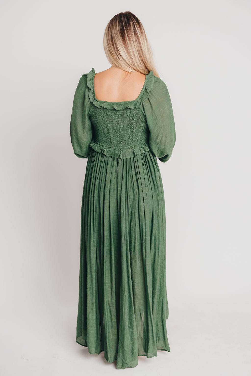 Let It Be Ruffled Maxi Dress with Plunging Neckline in Evergreen - Bump Friendly Low Stock (Cannot Restock)