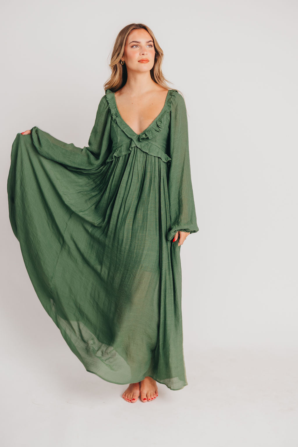 Let It Be Ruffled Maxi Dress with Plunging Neckline in Evergreen - Bump Friendly Low Stock (Cannot Restock)