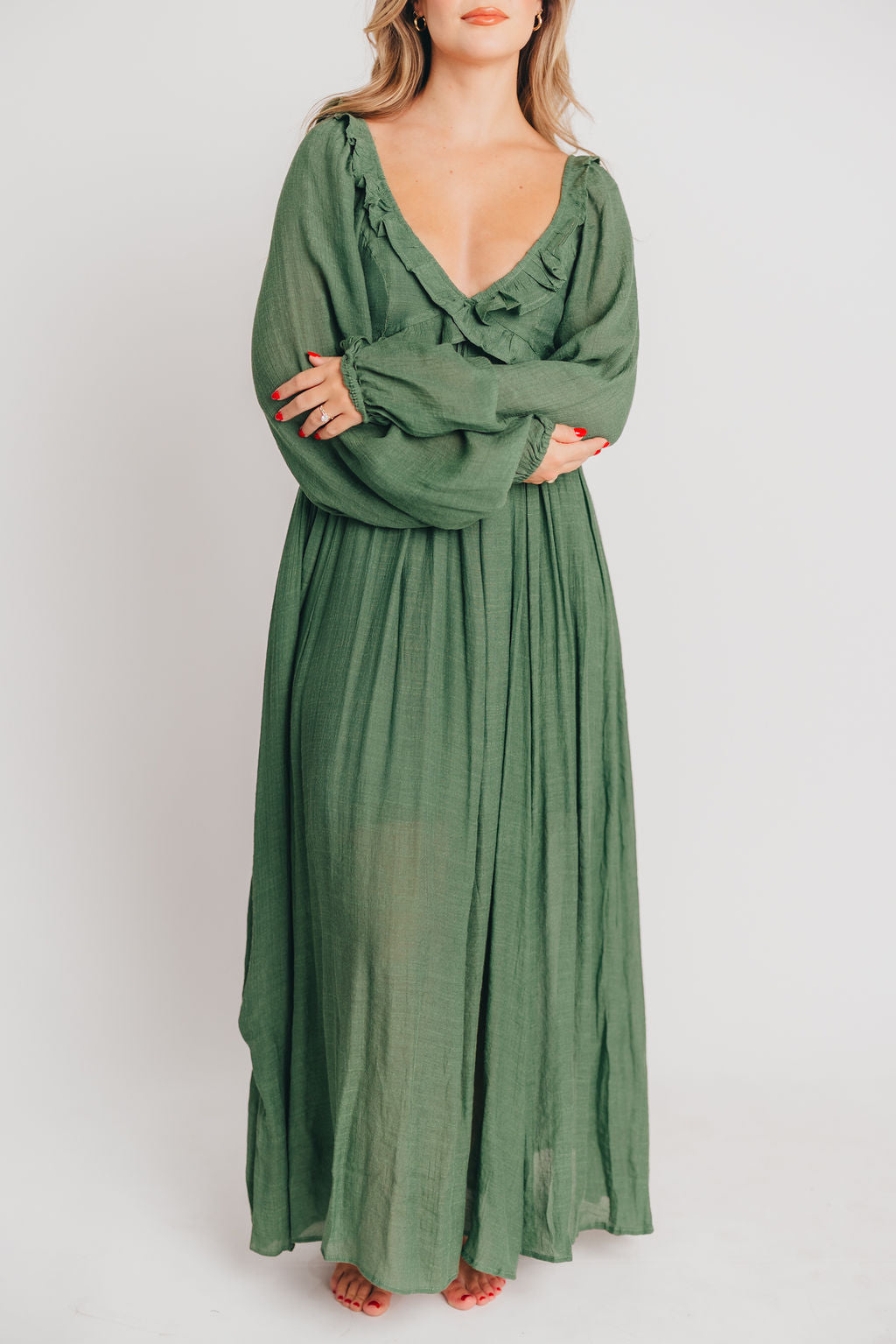Let It Be Ruffled Maxi Dress with Plunging Neckline in Evergreen - Bump Friendly Low Stock (Cannot Restock)