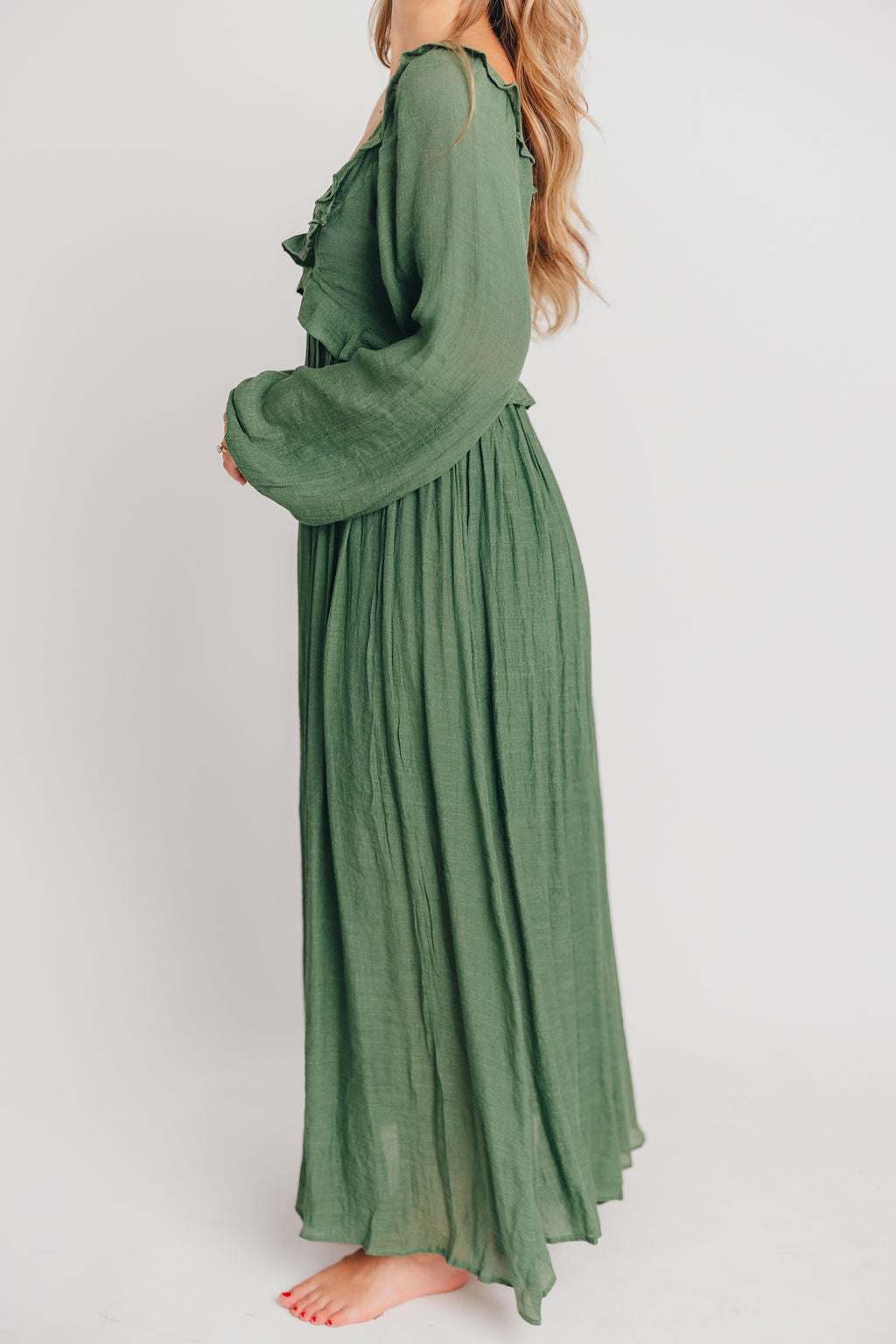 Let It Be Ruffled Maxi Dress with Plunging Neckline in Evergreen - Bump Friendly Low Stock (Cannot Restock)