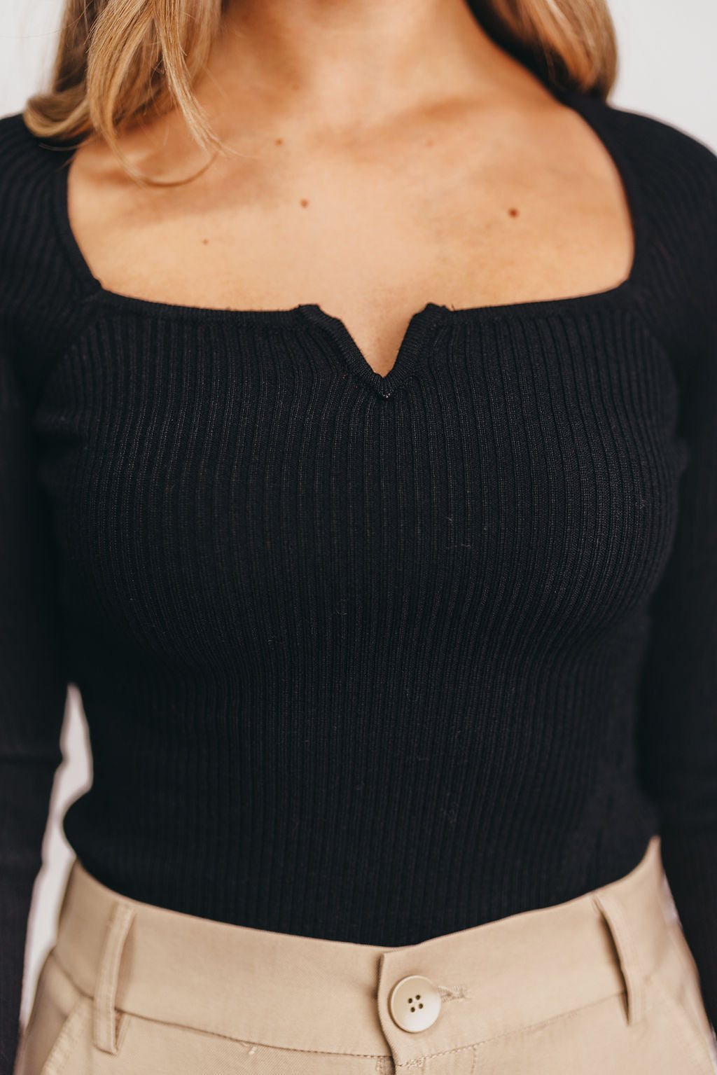 Lennon Ribbed Knit Notched V-Neck Top in Black