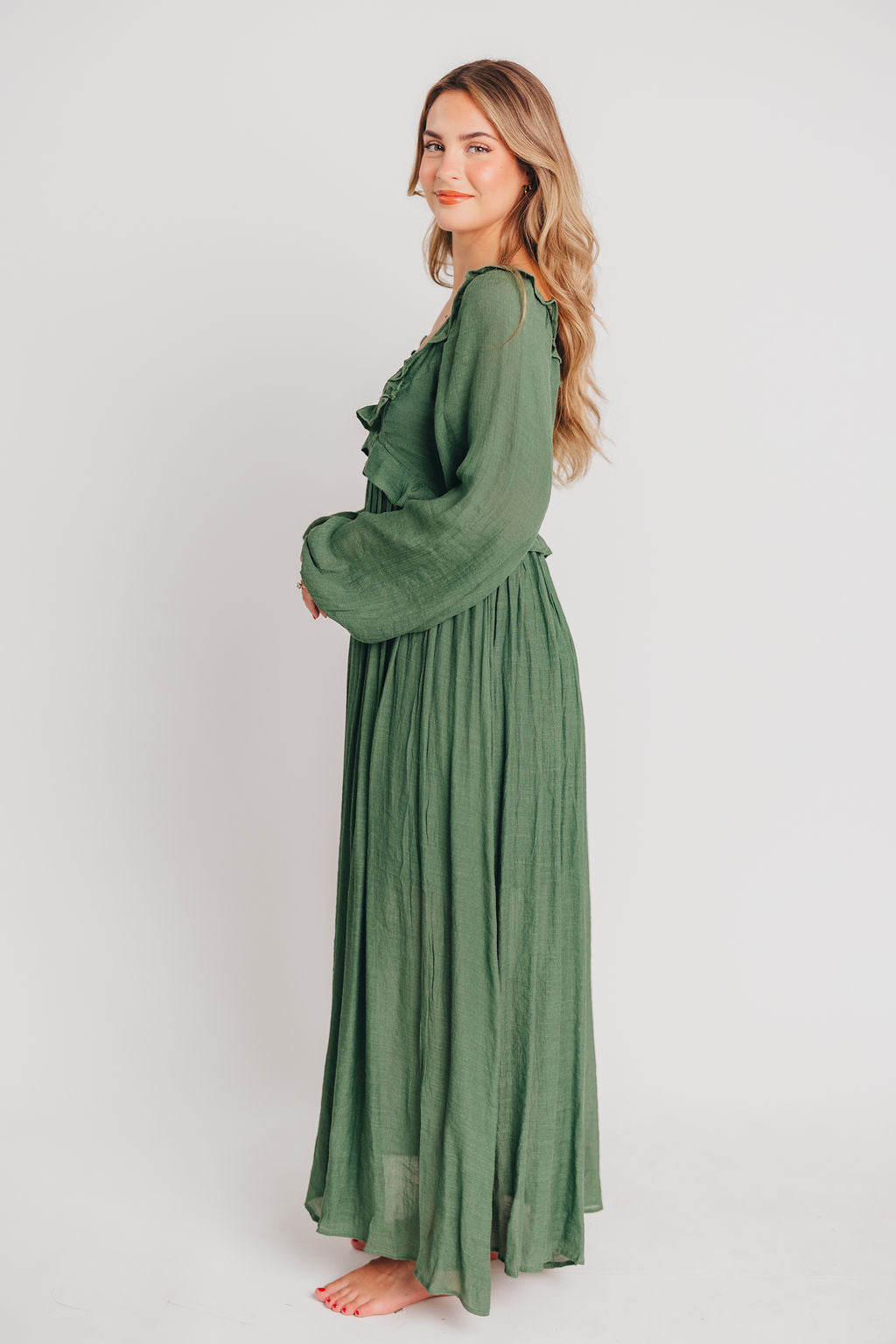 Let It Be Ruffled Maxi Dress with Plunging Neckline in Evergreen - Bump Friendly Low Stock (Cannot Restock)