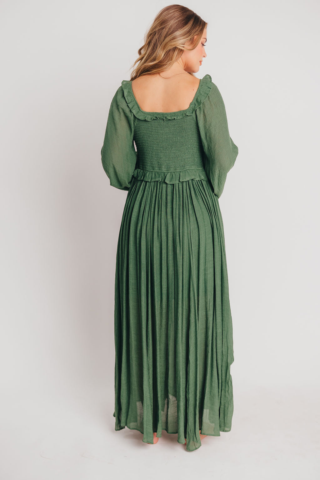 Let It Be Ruffled Maxi Dress with Plunging Neckline in Evergreen - Bump Friendly Low Stock (Cannot Restock)